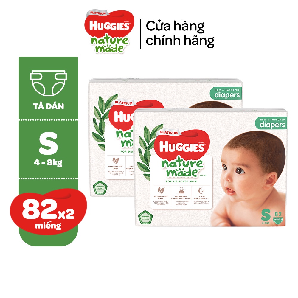 Combo 2 Tã/Bỉm dán sơ sinh Huggies Platinum NatureMade S82 (4-8kg)-Gói Super Jumbo 82 miếng