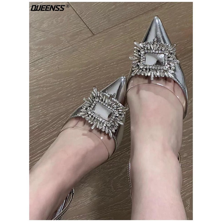 Giày Cao Gót Mũi Nhọn Phối Khóa Vuông Đính Đá Thời Trang Mùa Hè Pháp 2023 Cho Nữ