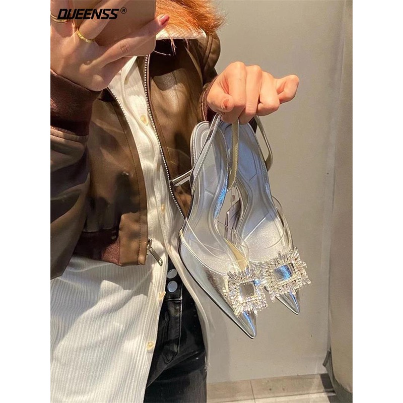 Giày Cao Gót Mũi Nhọn Phối Khóa Vuông Đính Đá Thời Trang Mùa Hè Pháp 2023 Cho Nữ