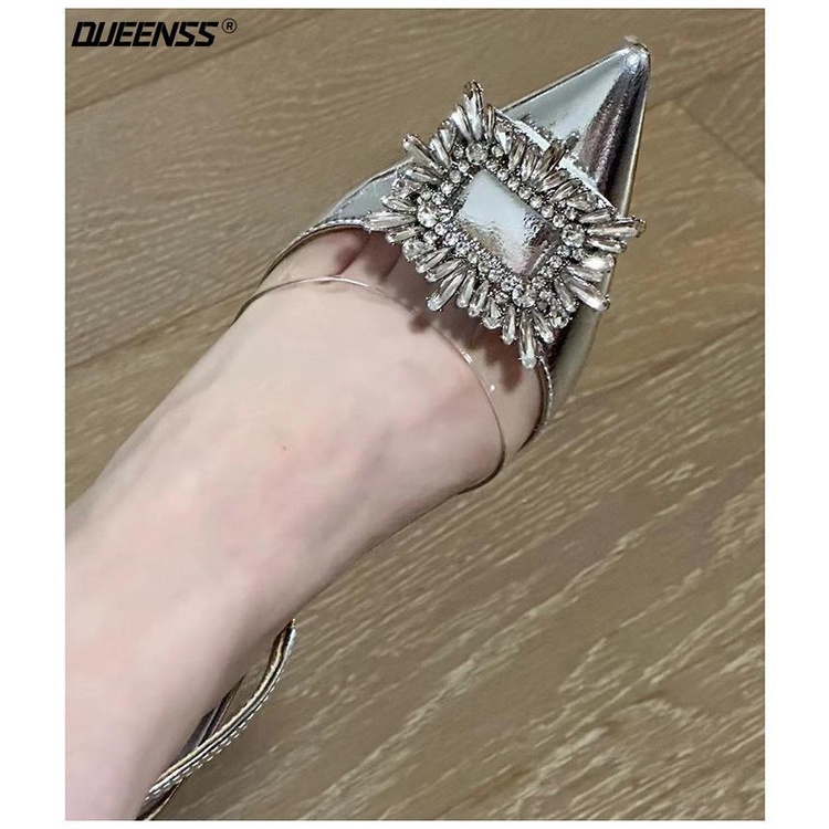 Giày Cao Gót Mũi Nhọn Phối Khóa Vuông Đính Đá Thời Trang Mùa Hè Pháp 2023 Cho Nữ