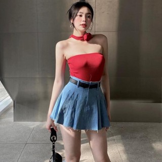 M509 - Set áo ống choker hoa cổ kèm chân váy xếp ly jean trendy 2023