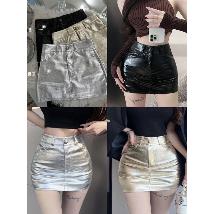 Jiashucheng Chân Váy Da PU Eo Cao Ôm Dáng Phong Cách Xuân Thu Mới Cho Nữ