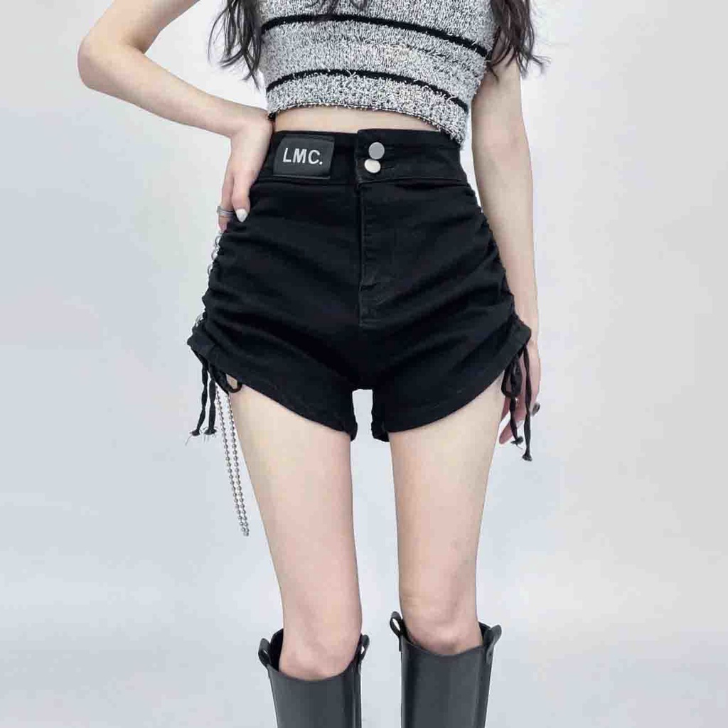 Jiashucheng Quần Short Denim Màu Đen Lưng Cao Co Giãn Phối Dây Rút Thời Trang Mùa Hè Cho Nữ Có Size Lớn