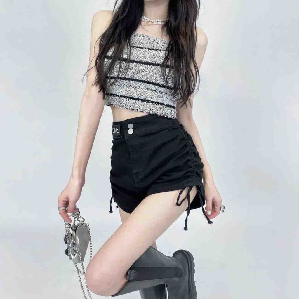 Jiashucheng Quần Short Denim Màu Đen Lưng Cao Co Giãn Phối Dây Rút Thời Trang Mùa Hè Cho Nữ Có Size Lớn