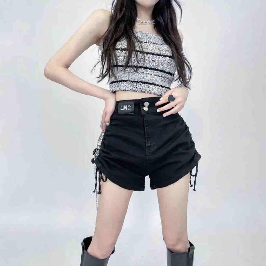 Jiashucheng Quần Short Denim Màu Đen Lưng Cao Co Giãn Phối Dây Rút Thời Trang Mùa Hè Cho Nữ Có Size Lớn