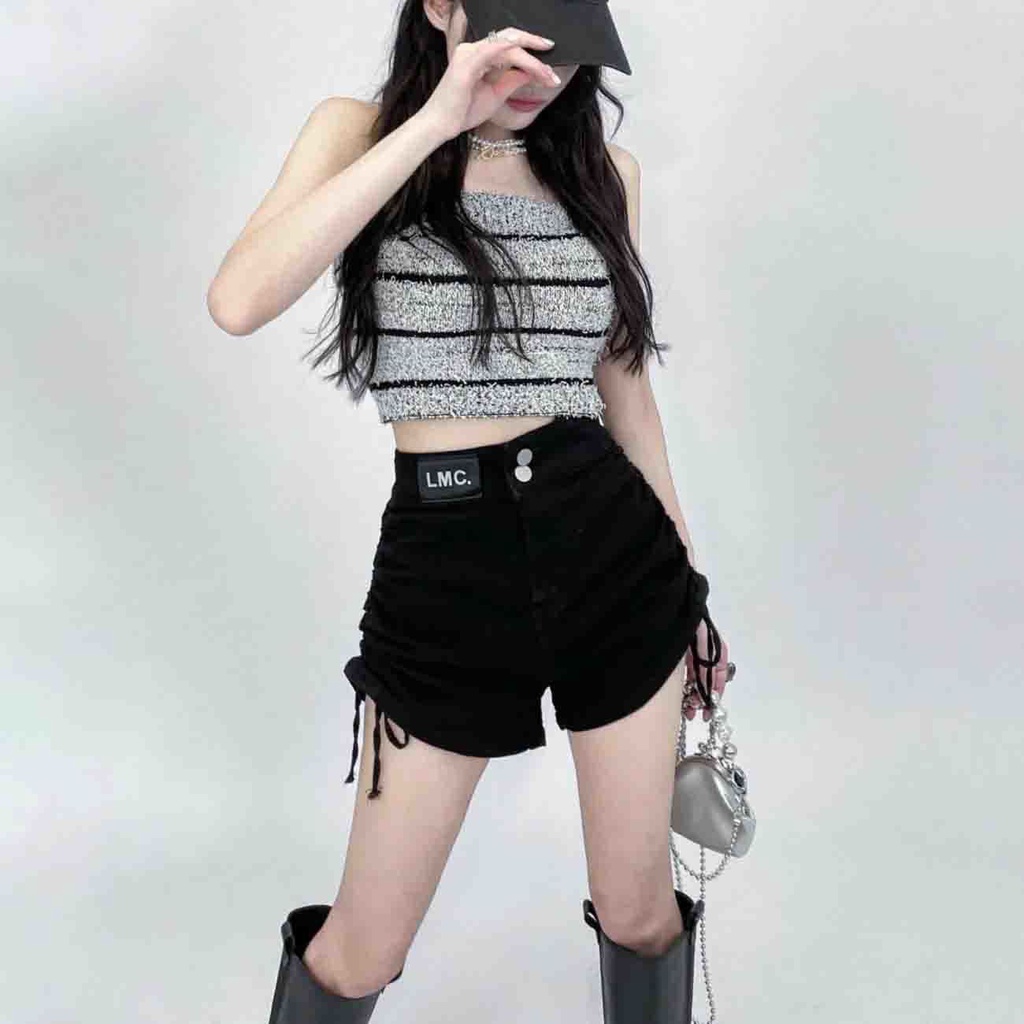 Jiashucheng Quần Short Denim Màu Đen Lưng Cao Co Giãn Phối Dây Rút Thời Trang Mùa Hè Cho Nữ Có Size Lớn