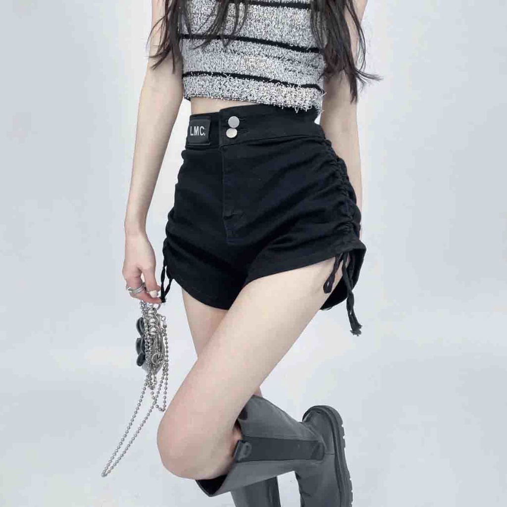 Jiashucheng Quần Short Denim Màu Đen Lưng Cao Co Giãn Phối Dây Rút Thời Trang Mùa Hè Cho Nữ Có Size Lớn