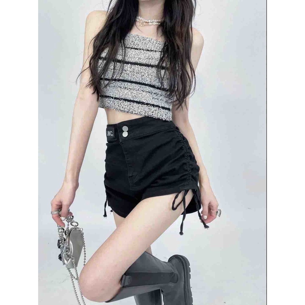 Jiashucheng Quần Short Denim Màu Đen Lưng Cao Co Giãn Phối Dây Rút Thời Trang Mùa Hè Cho Nữ Có Size Lớn