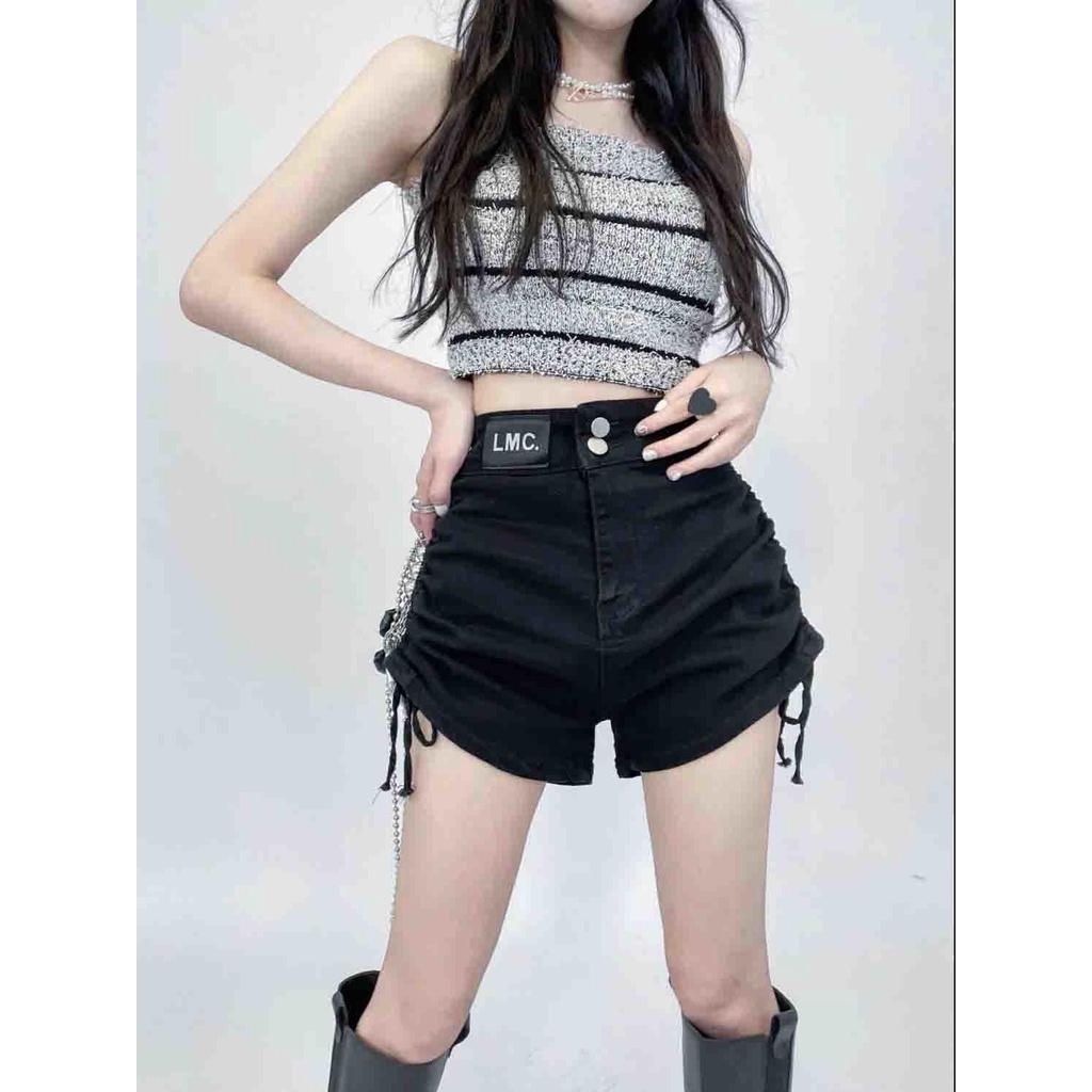 Jiashucheng Quần Short Denim Màu Đen Lưng Cao Co Giãn Phối Dây Rút Thời Trang Mùa Hè Cho Nữ Có Size Lớn