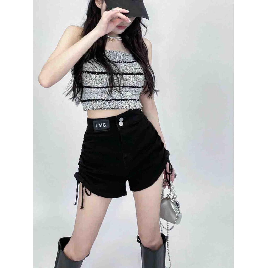 Jiashucheng Quần Short Denim Màu Đen Lưng Cao Co Giãn Phối Dây Rút Thời Trang Mùa Hè Cho Nữ Có Size Lớn