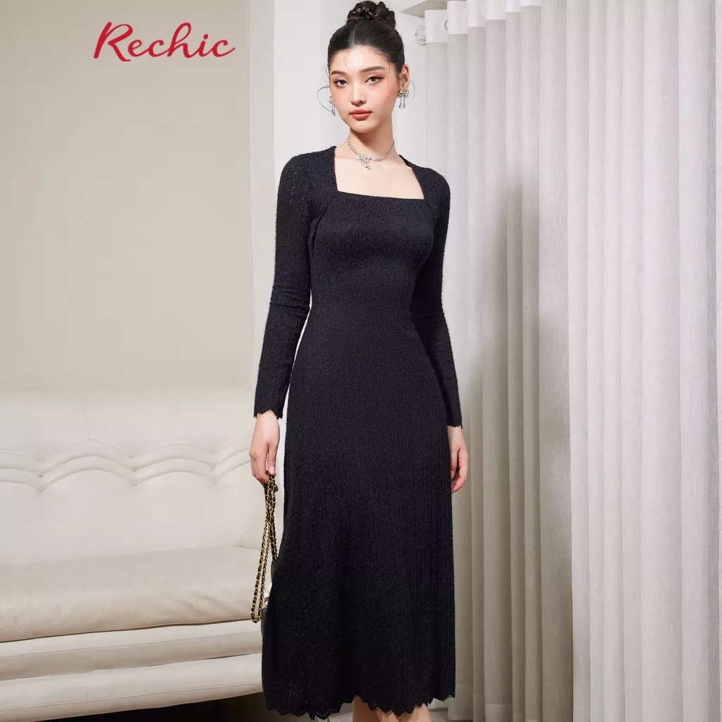 RECHIC Đầm Dài Nữ Tyan tay dài cổ vuông dáng ôm body quyến rũ sang trọng