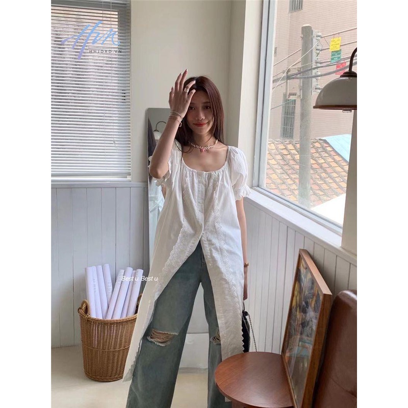 Đầm Sơ Mi Tay Phồng Dài Đến Giữa Bắp Chân Thiết Kế Hở Vai Quyến Rũ Thời Trang Kiểu Pháp