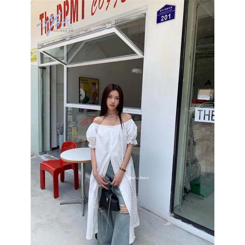 Đầm Sơ Mi Tay Phồng Dài Đến Giữa Bắp Chân Thiết Kế Hở Vai Quyến Rũ Thời Trang Kiểu Pháp