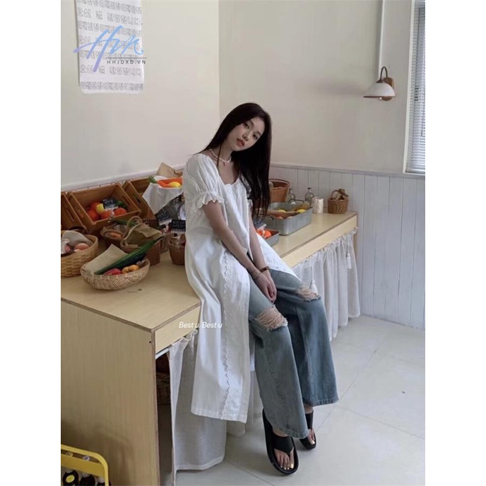 Đầm Sơ Mi Tay Phồng Dài Đến Giữa Bắp Chân Thiết Kế Hở Vai Quyến Rũ Thời Trang Kiểu Pháp