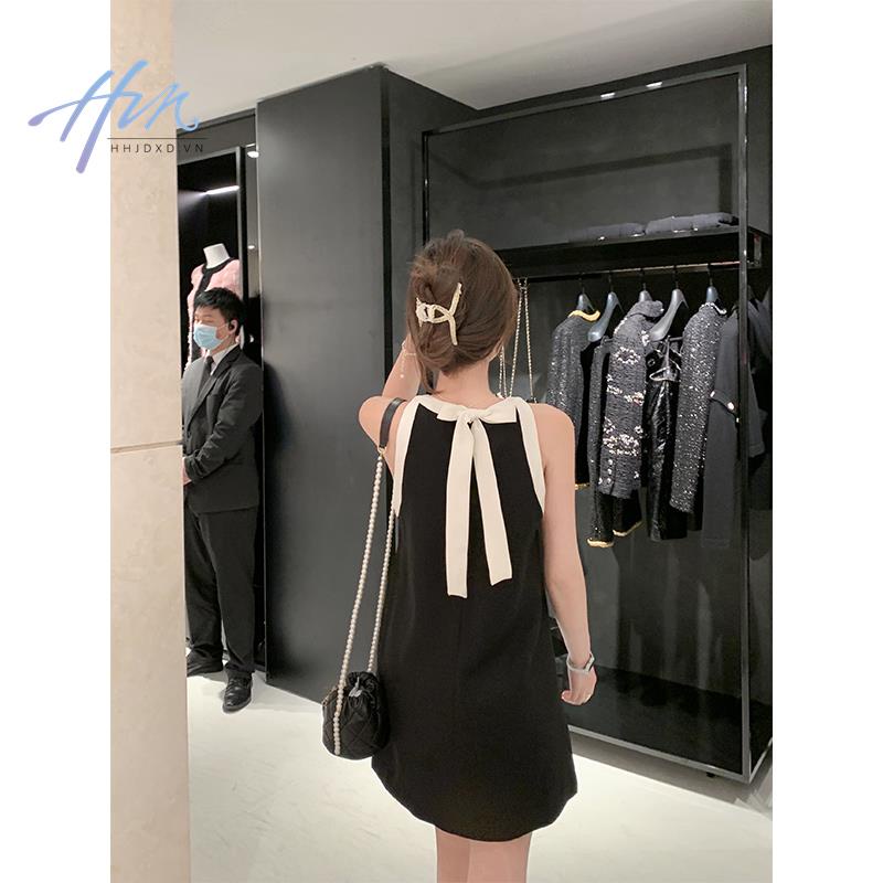 Đầm Ngắn Hai Dây Màu Đen Phong Cách Pháp Thời Trang Mùa Hè Cho Nữ
