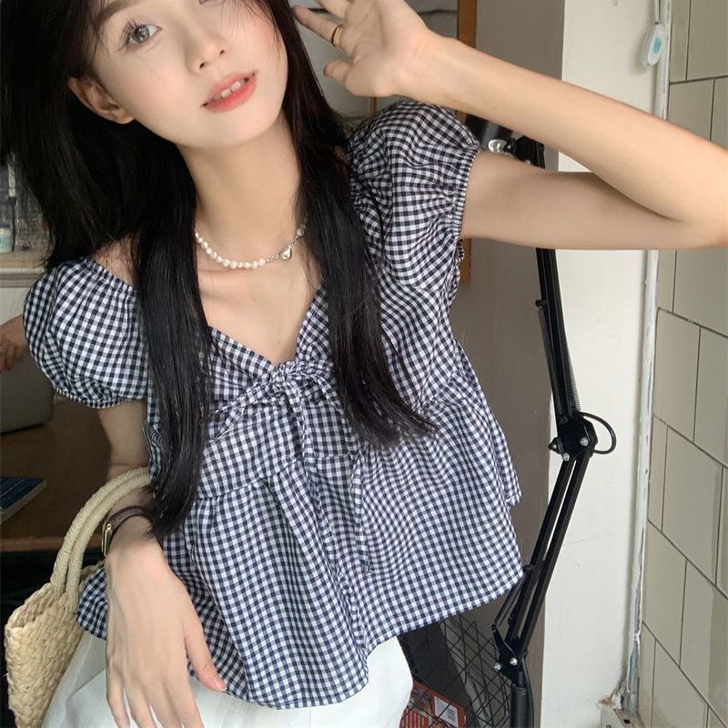 Áo Sơ Mi Nữ Tay Ngắn Phồng Cổ Chữ V Họa Tiết Caro Phong Cách Retro Mùa Hè Cá Tính