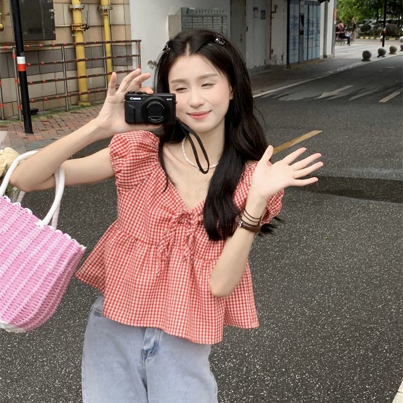 Áo Sơ Mi Nữ Tay Ngắn Phồng Cổ Chữ V Họa Tiết Caro Phong Cách Retro Mùa Hè Cá Tính