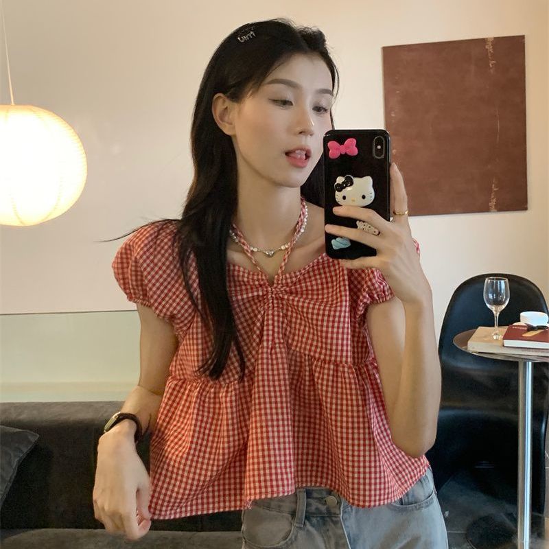 Áo Sơ Mi Nữ Tay Ngắn Phồng Cổ Chữ V Họa Tiết Caro Phong Cách Retro Mùa Hè Cá Tính