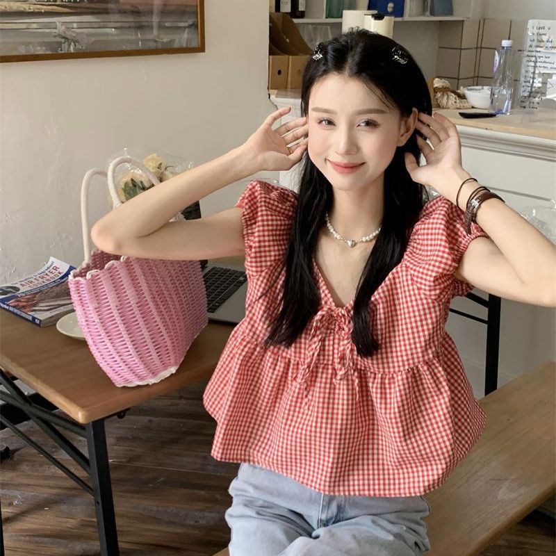 Áo Sơ Mi Nữ Tay Ngắn Phồng Cổ Chữ V Họa Tiết Caro Phong Cách Retro Mùa Hè Cá Tính