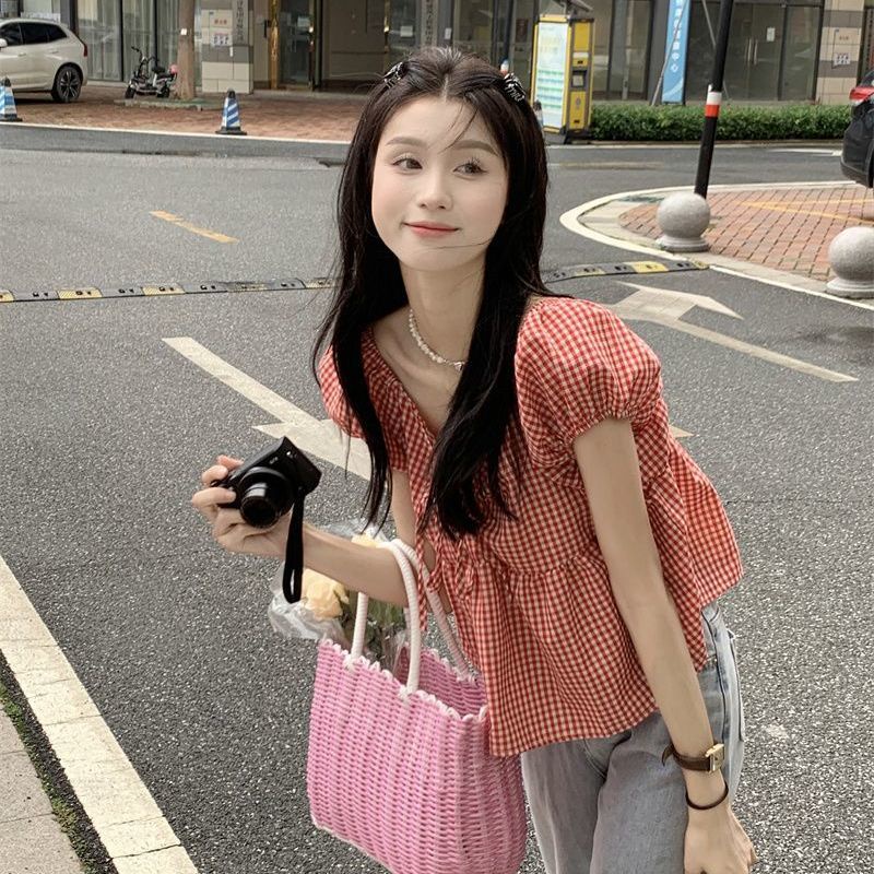 Áo Sơ Mi Nữ Tay Ngắn Phồng Cổ Chữ V Họa Tiết Caro Phong Cách Retro Mùa Hè Cá Tính