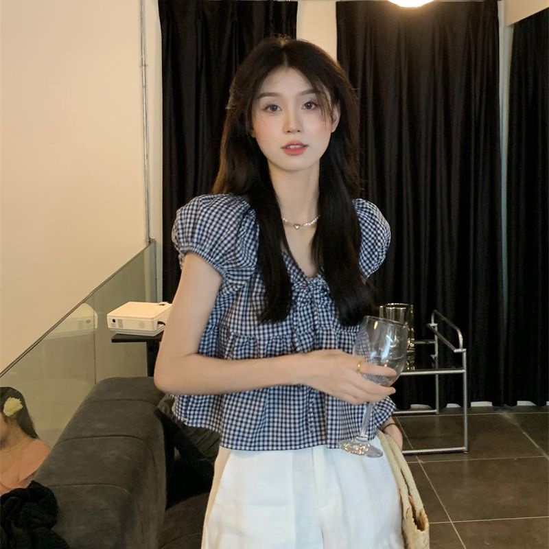 Áo Sơ Mi Nữ Tay Ngắn Phồng Cổ Chữ V Họa Tiết Caro Phong Cách Retro Mùa Hè Cá Tính