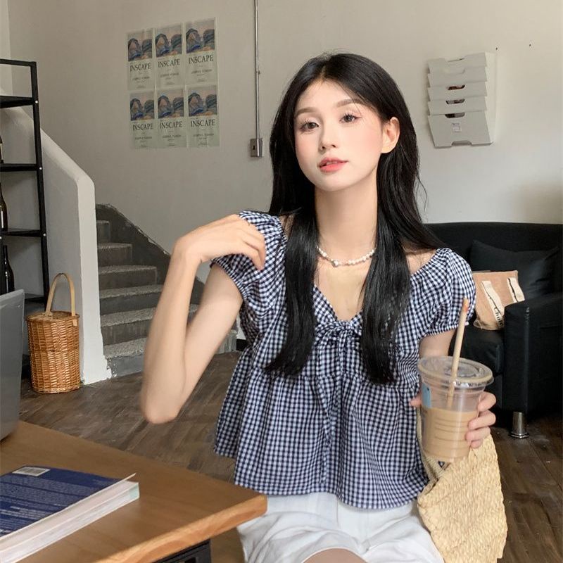 Áo Sơ Mi Nữ Tay Ngắn Phồng Cổ Chữ V Họa Tiết Caro Phong Cách Retro Mùa Hè Cá Tính
