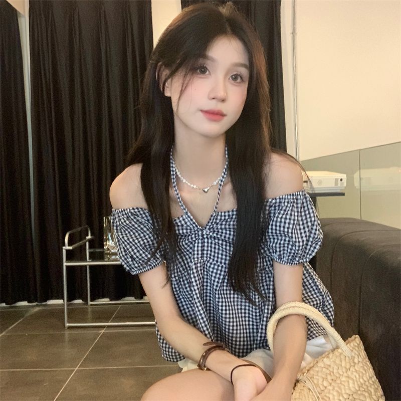 Áo Sơ Mi Nữ Tay Ngắn Phồng Cổ Chữ V Họa Tiết Caro Phong Cách Retro Mùa Hè Cá Tính