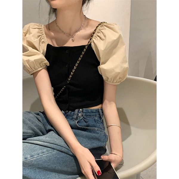 Jiashucheng Áo Kiểu Tay Ngắn Phồng Cổ Vuông Phong Cách Pháp Cổ Điển Thời Trang Mùa Hè 2023 Dành Cho Nữ