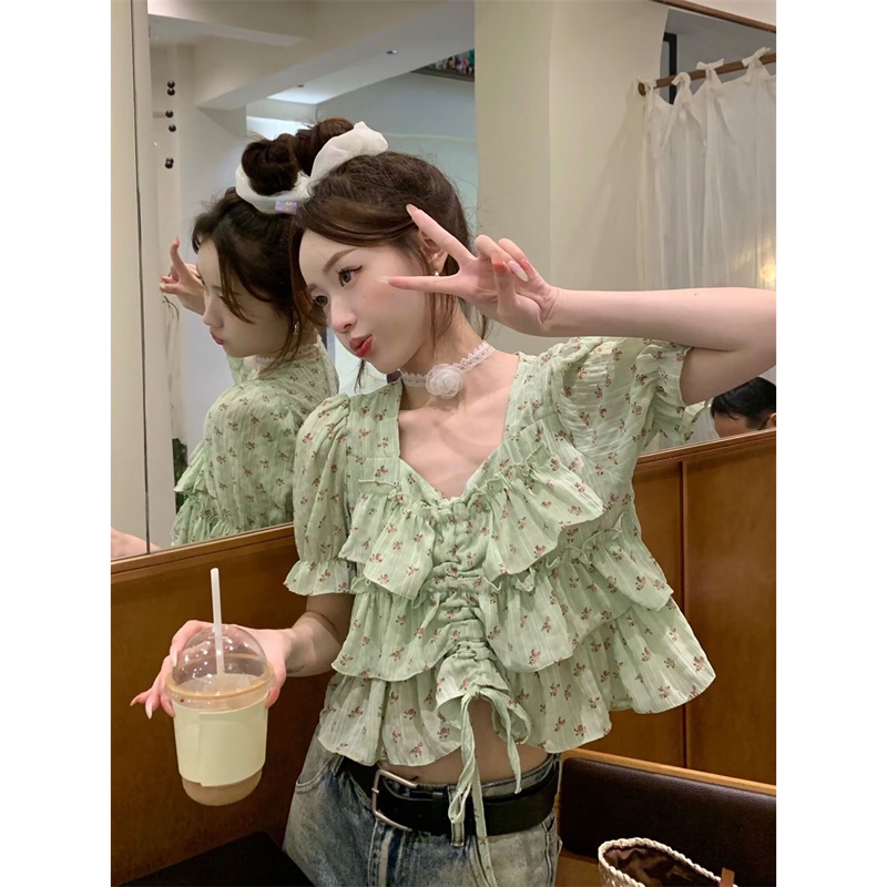 Áo Kiểu Cổ Vuông Tay Ngắn Phối Bèo Nhún Họa Tiết Hoa Thời Trang Mùa Hè Xinh Xắn Cho Nữ