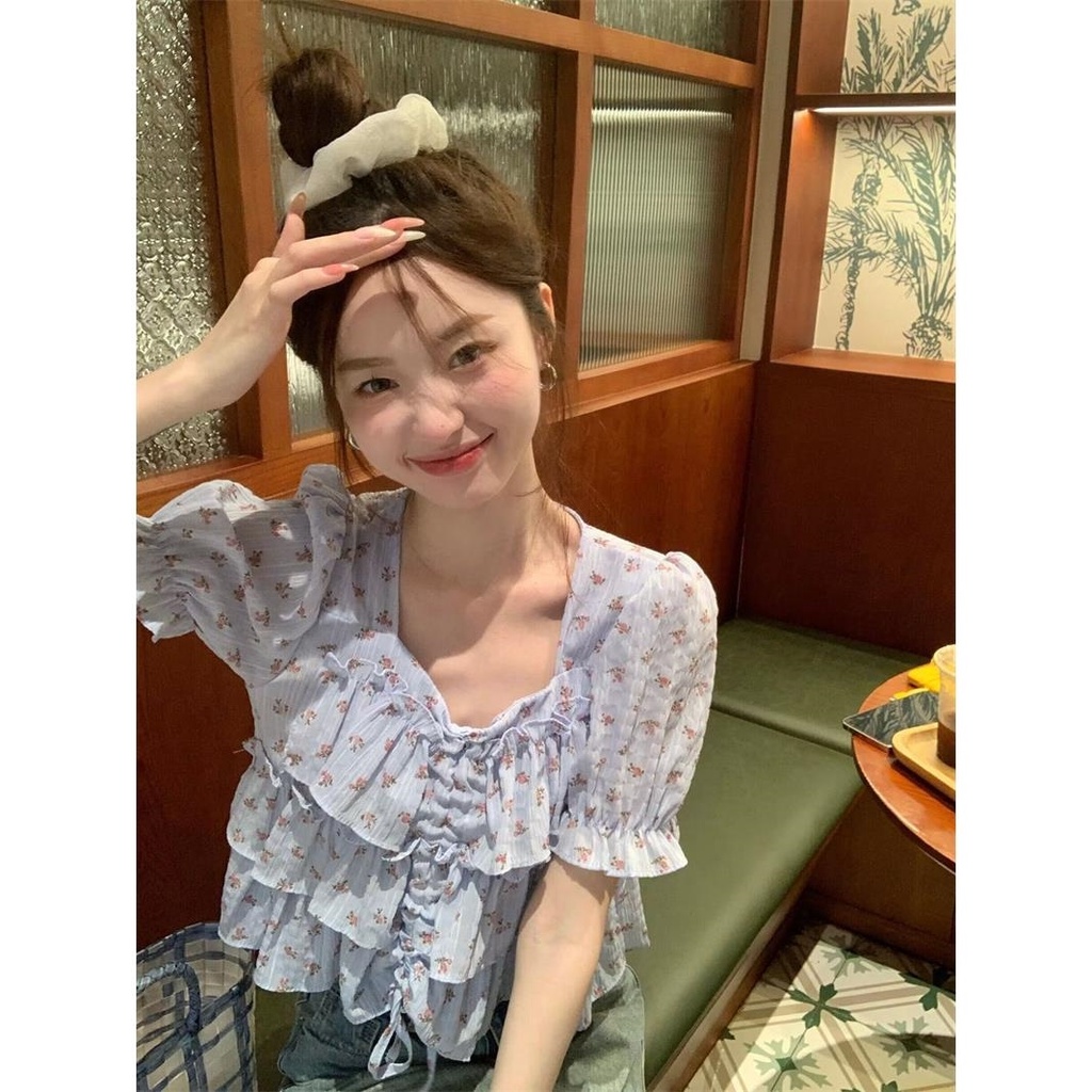 Áo Kiểu Cổ Vuông Tay Ngắn Phối Bèo Nhún Họa Tiết Hoa Thời Trang Mùa Hè Xinh Xắn Cho Nữ