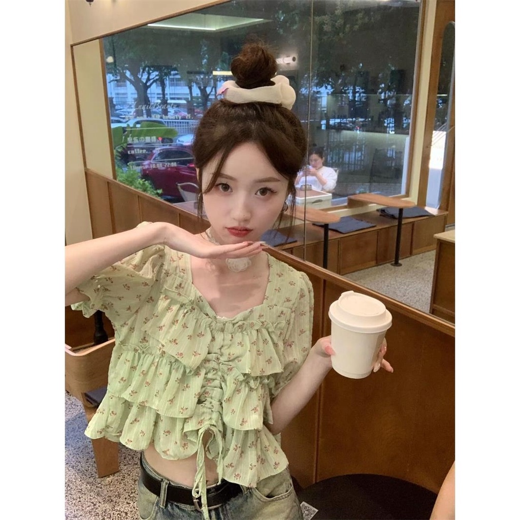 Áo Kiểu Cổ Vuông Tay Ngắn Phối Bèo Nhún Họa Tiết Hoa Thời Trang Mùa Hè Xinh Xắn Cho Nữ