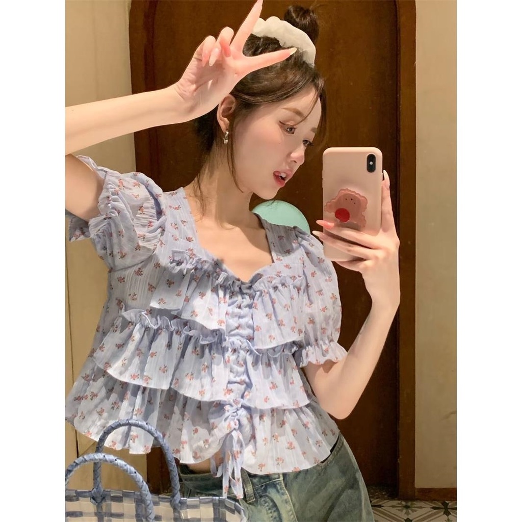 Áo Kiểu Cổ Vuông Tay Ngắn Phối Bèo Nhún Họa Tiết Hoa Thời Trang Mùa Hè Xinh Xắn Cho Nữ