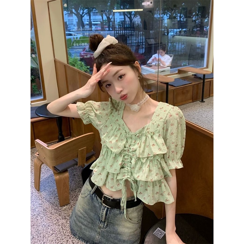 Áo Kiểu Cổ Vuông Tay Ngắn Phối Bèo Nhún Họa Tiết Hoa Thời Trang Mùa Hè Xinh Xắn Cho Nữ