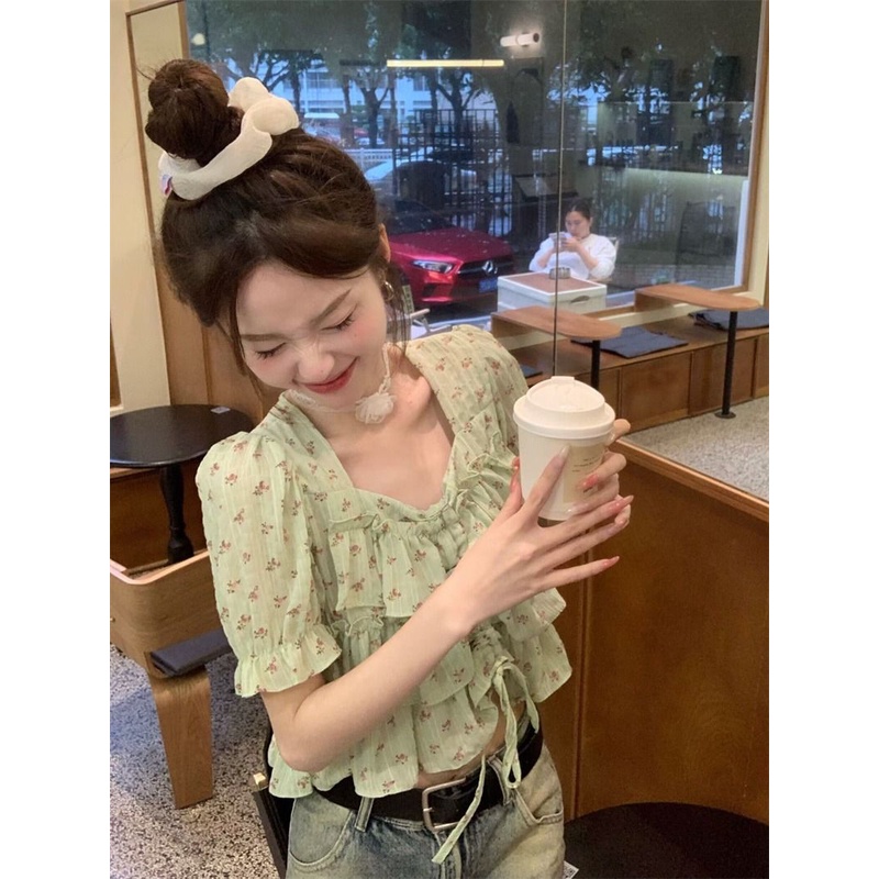 Áo Kiểu Cổ Vuông Tay Ngắn Phối Bèo Nhún Họa Tiết Hoa Thời Trang Mùa Hè Xinh Xắn Cho Nữ