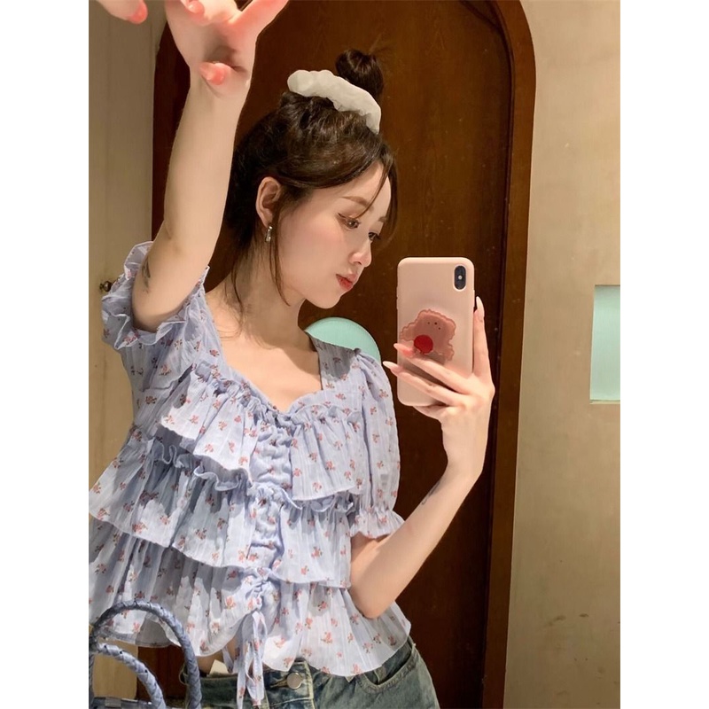 Áo Kiểu Cổ Vuông Tay Ngắn Phối Bèo Nhún Họa Tiết Hoa Thời Trang Mùa Hè Xinh Xắn Cho Nữ