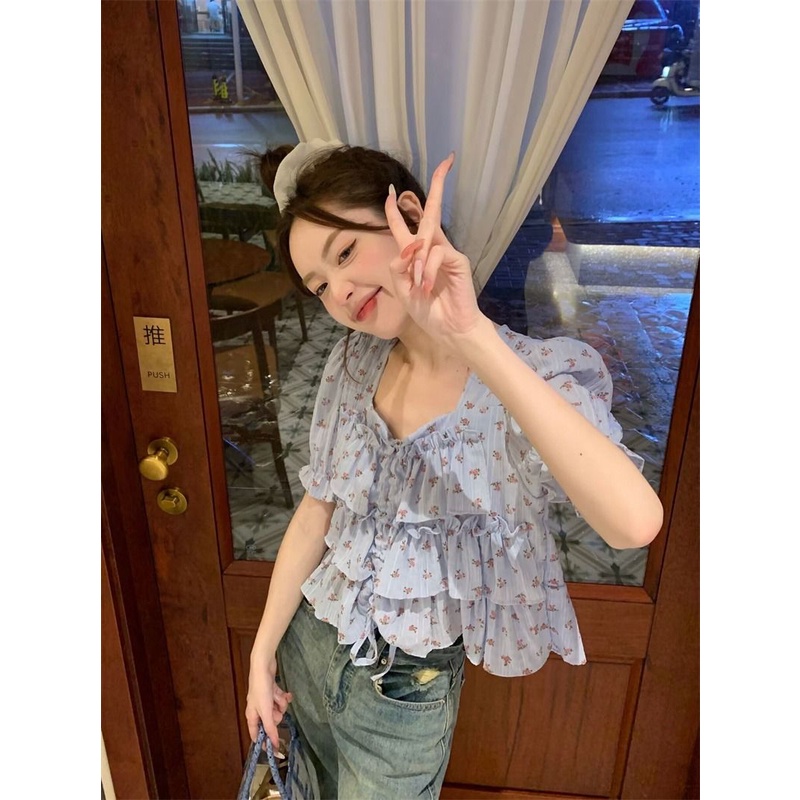 Áo Kiểu Cổ Vuông Tay Ngắn Phối Bèo Nhún Họa Tiết Hoa Thời Trang Mùa Hè Xinh Xắn Cho Nữ
