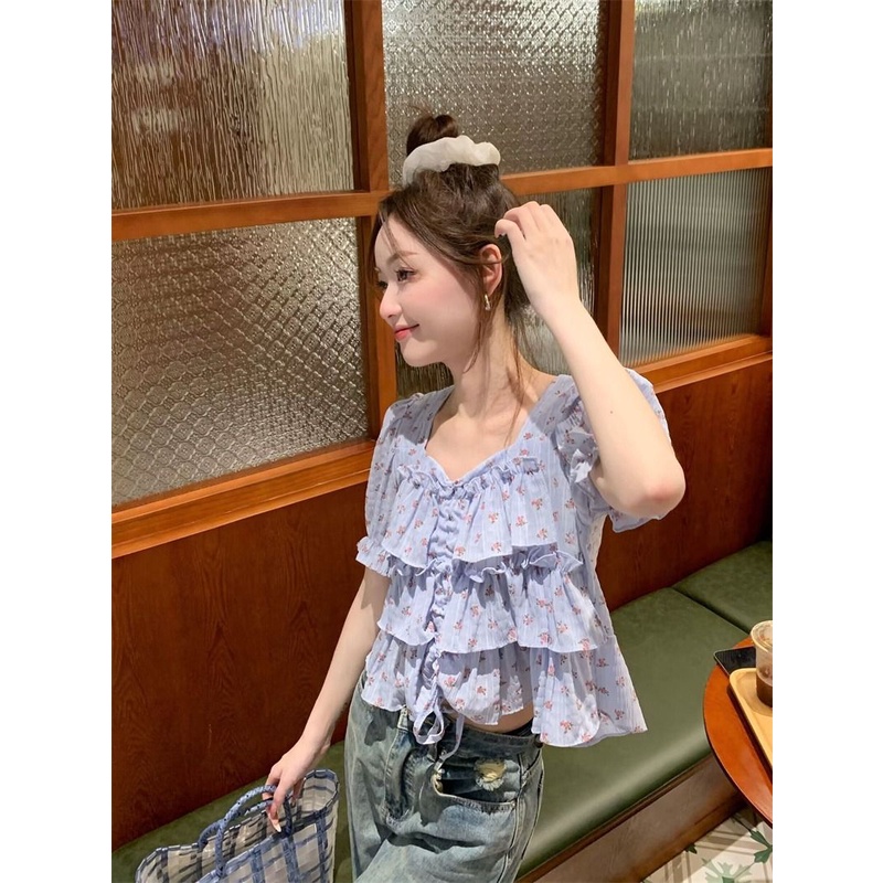 Áo Kiểu Cổ Vuông Tay Ngắn Phối Bèo Nhún Họa Tiết Hoa Thời Trang Mùa Hè Xinh Xắn Cho Nữ