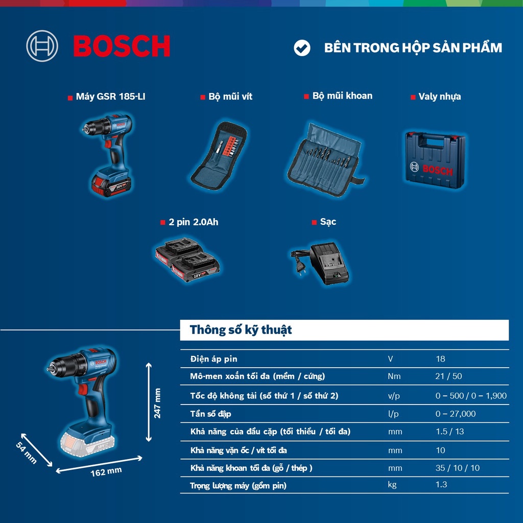 Máy khoan vặn vít dùng pin Bosch GSR 185-LI + Phụ kiện