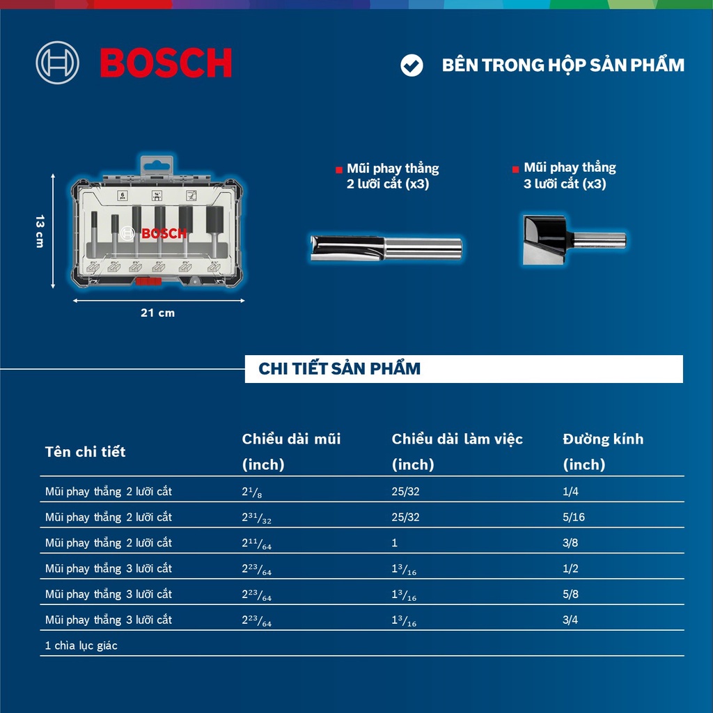 Bộ Mũi Phay Thẳng Bosch 6 Món