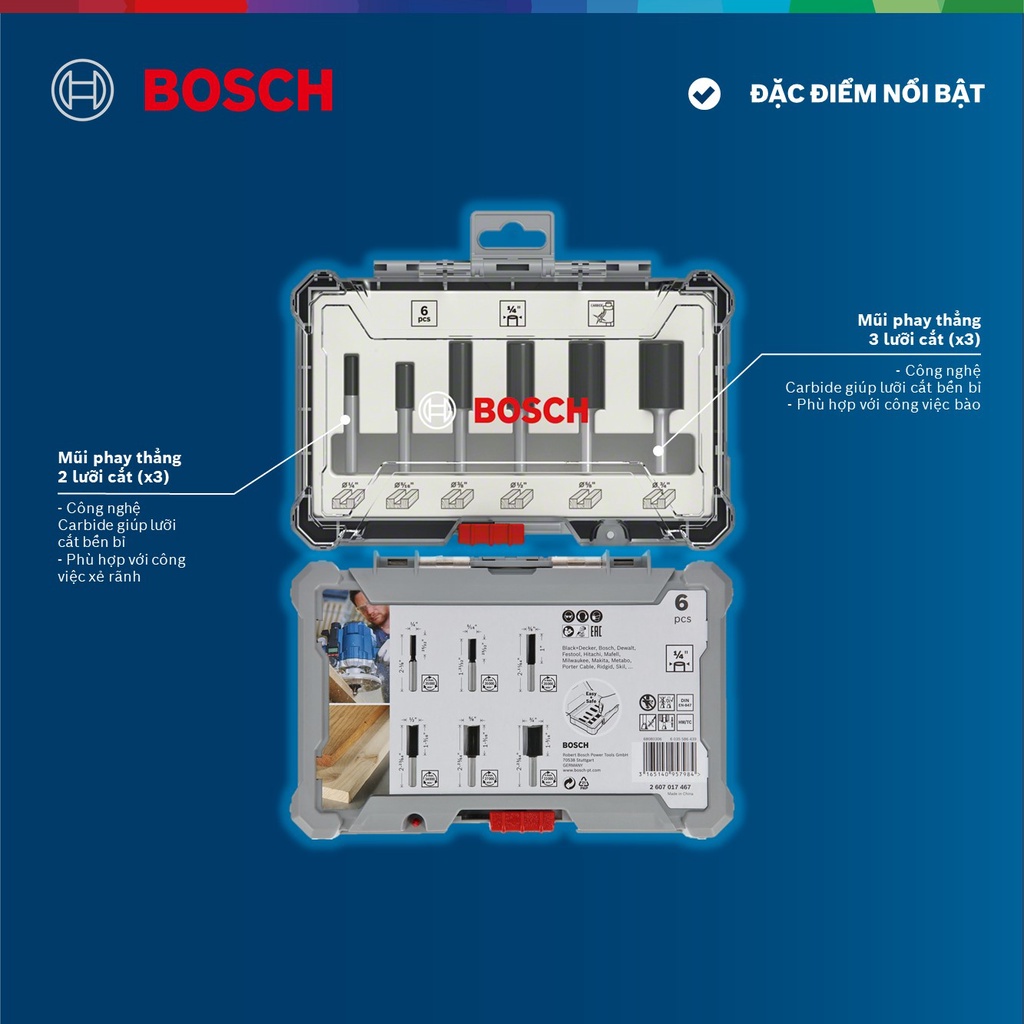 Bộ Mũi Phay Thẳng Bosch 6 Món