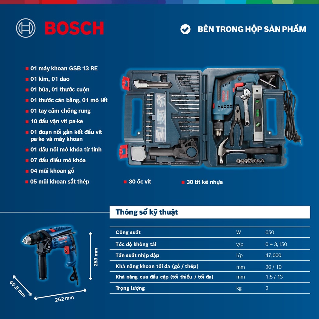 Máy khoan động lực Bosch GSB 13 RE SET 100 chi tiết