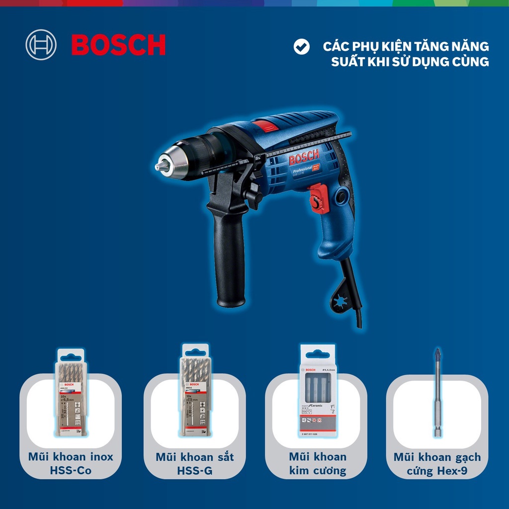 Máy khoan động lực Bosch GSB 13 RE SET 100 chi tiết