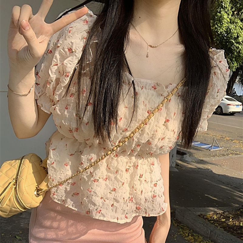 Jiashucheng Áo Sơ Mi Ngắn Ôm Dáng Tay Phồng Cổ Vuông Viền Hoa Thời Trang Mùa Hè Ngọt Ngào Cho Nữ