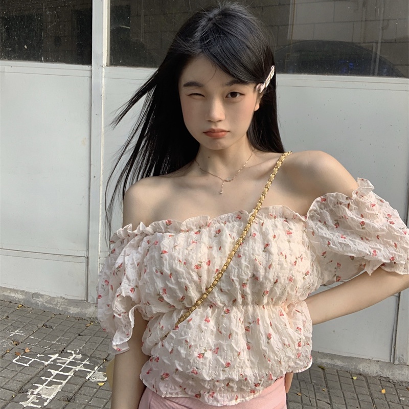 Jiashucheng Áo Sơ Mi Ngắn Ôm Dáng Tay Phồng Cổ Vuông Viền Hoa Thời Trang Mùa Hè Ngọt Ngào Cho Nữ