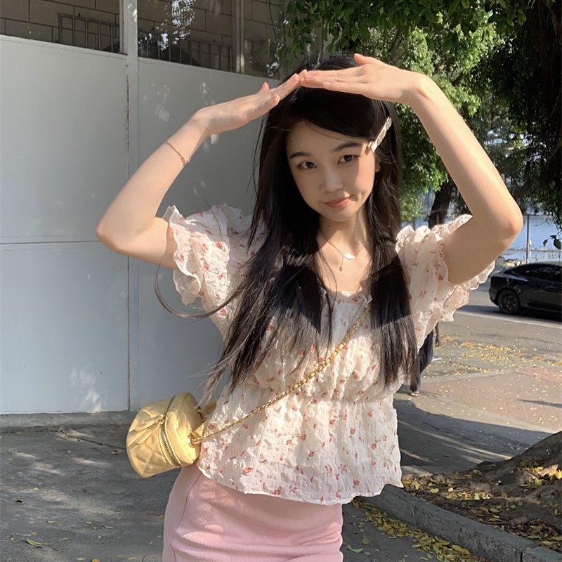 Jiashucheng Áo Sơ Mi Ngắn Ôm Dáng Tay Phồng Cổ Vuông Viền Hoa Thời Trang Mùa Hè Ngọt Ngào Cho Nữ