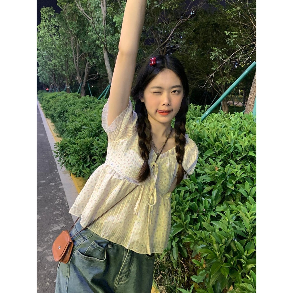 Áo Voan Cổ Vuông Tay Phồng Họa Tiết Hoa Phong Cách Pháp Thời Trang Mùa Hè Cho Nữ