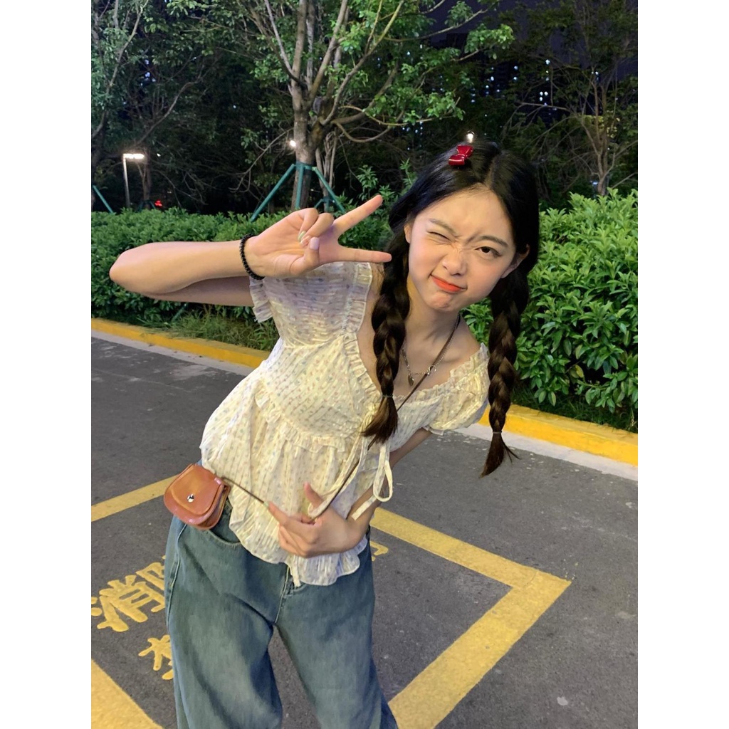 Áo Voan Cổ Vuông Tay Phồng Họa Tiết Hoa Phong Cách Pháp Thời Trang Mùa Hè Cho Nữ