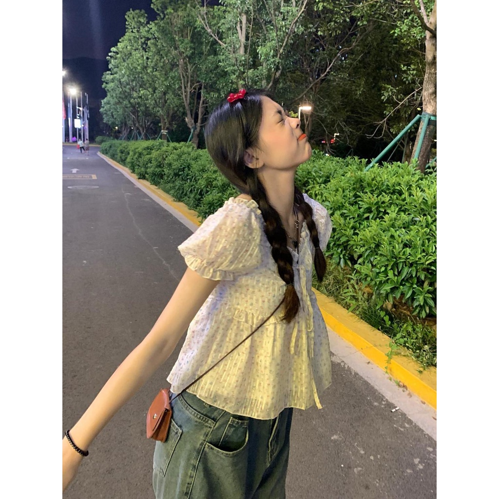 Áo Voan Cổ Vuông Tay Phồng Họa Tiết Hoa Phong Cách Pháp Thời Trang Mùa Hè Cho Nữ