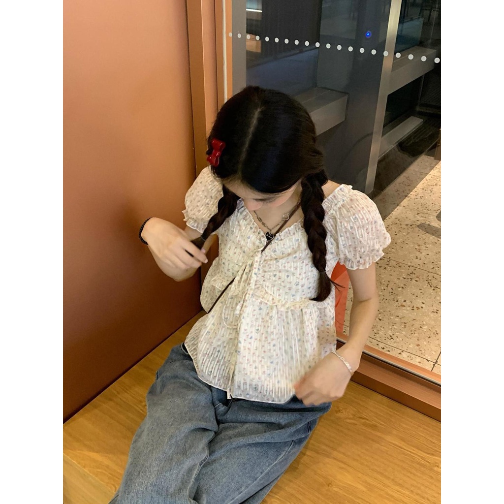 Áo Voan Cổ Vuông Tay Phồng Họa Tiết Hoa Phong Cách Pháp Thời Trang Mùa Hè Cho Nữ