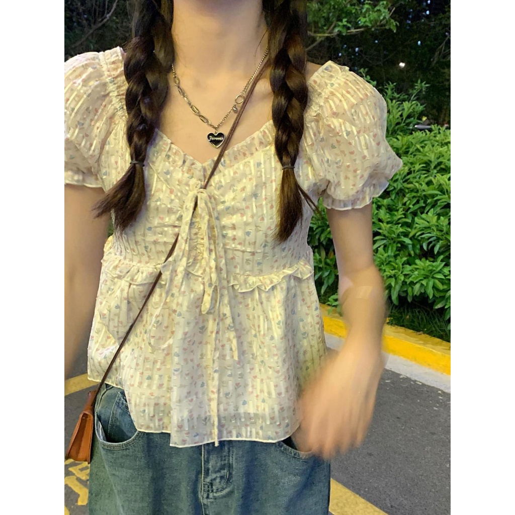 Áo Voan Cổ Vuông Tay Phồng Họa Tiết Hoa Phong Cách Pháp Thời Trang Mùa Hè Cho Nữ